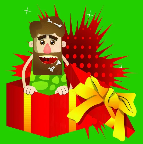 Cavernícola Dibujos Animados Una Caja Regalo Ilustración Vectorial Hombre Edad — Vector de stock