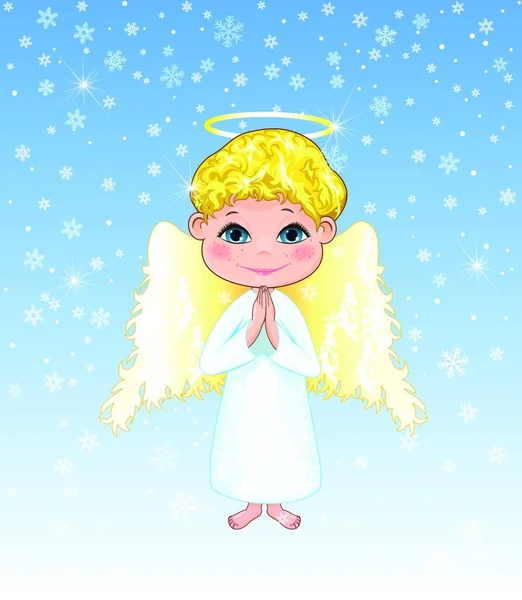 Little Angel Winter Background Angel Boy Curls Wings Halo — Stock Vector