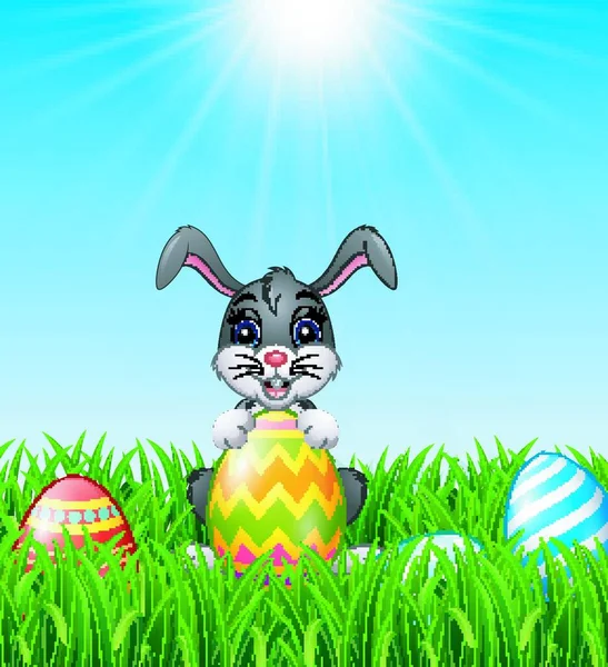 Ilustración Vectorial Conejito Dibujos Animados Sosteniendo Huevos Pascua Hierba — Vector de stock