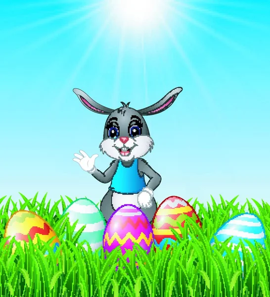 Ilustración Vectorial Conejito Dibujos Animados Agitando Mano Con Huevos Pascua — Vector de stock