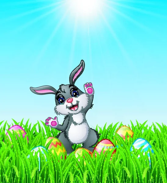 Ilustración Vectorial Conejo Dibujos Animados Con Huevos Pascua Hierba — Vector de stock