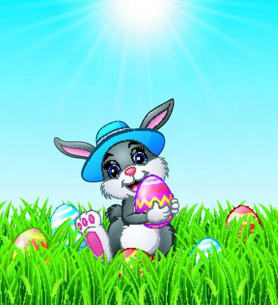 Ilustración Vectorial Conejito Feliz Pascua Con Sombrero Que Lleva Huevos — Vector de stock