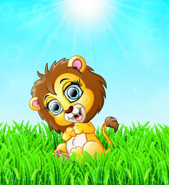 Illustration Vectorielle Bébé Lion Dessin Animé Assis Dans Herbe Sur — Image vectorielle