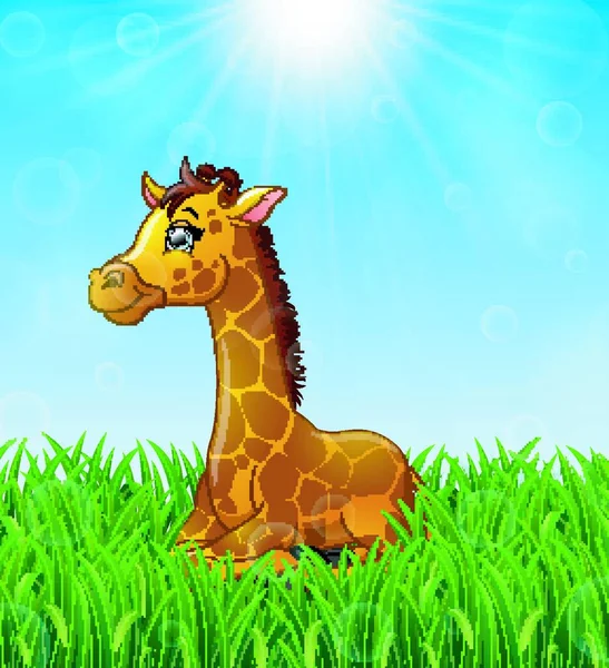 Векторная Иллюстрация Жирафа Мультфильма Сидящего Траве Фоне Яркого Солнца — стоковый вектор