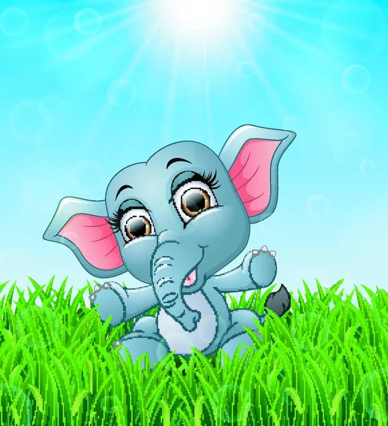 Ilustración Vectorial Del Elefante Bebé Dibujos Animados Sentado Hierba Sobre — Vector de stock