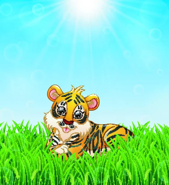 Векторная Иллюстрация Мультяшного Тигра Лежащего Траве Фоне Яркого Солнца — стоковый вектор