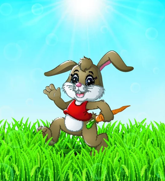 Divertente Cartone Animato Coniglio Che Tiene Una Carota Nell Erba — Vettoriale Stock