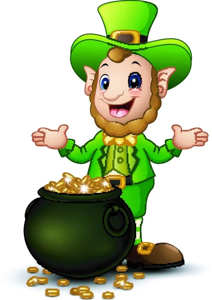 Vector Illustration Cartoon Leprechaun Pot Gold Coins — Stock Vector