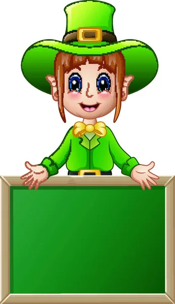 Ilustración Vectorial Chica Dibujos Animados Leprechaun Presentando Con Letrero Pizarra — Vector de stock