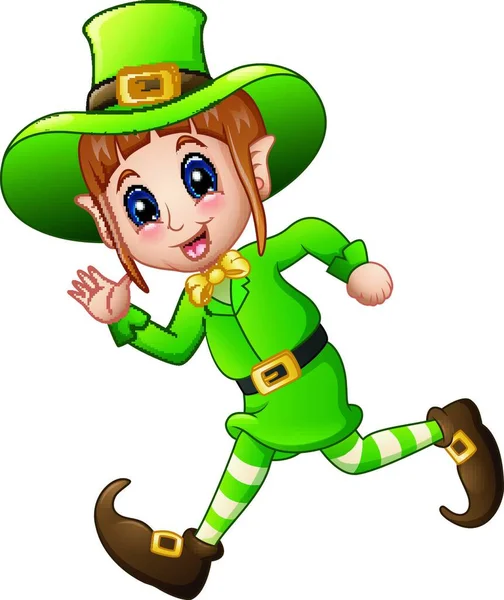 Vector Illustration Cute Cartoon Girl Leprechaun Running — Stock Vector