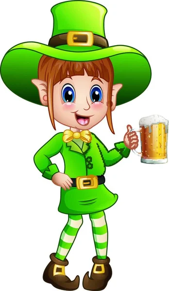 Ilustración Vectorial Cartoon Girl Leprechaun Sosteniendo Vaso Cerveza — Vector de stock