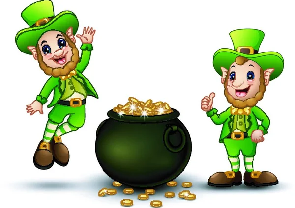 Happy Cartoon Leprechauns Pot Gold Coins — Stock Vector