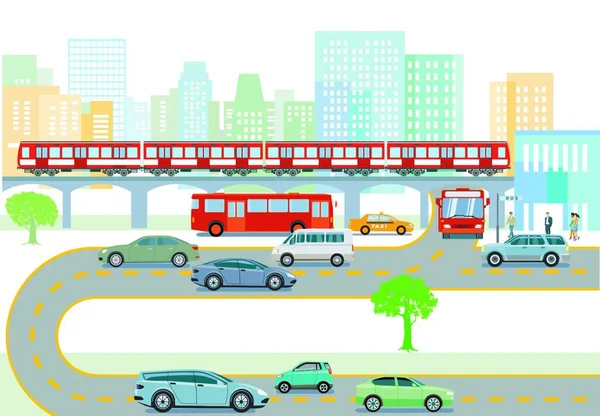 Transporte Tren Elevado Autobús Tráfico Por Carretera — Vector de stock