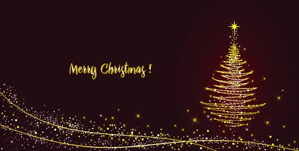 暗い赤の背景に星を持つクリスマスツリー 要約線とハーリンボーンの輝く光とクリスマスおめでとうのためのテキスト — ストックベクタ