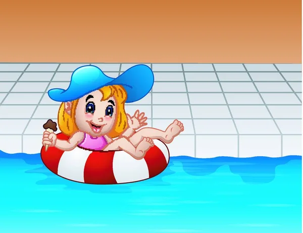 Illustration Vectorielle Cartoon Girl Flottant Avec Bouée Sauvetage Dans Piscine — Image vectorielle