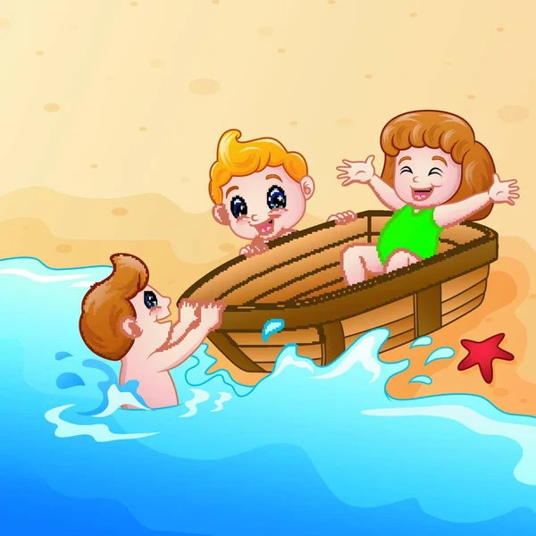 Illustration Vectorielle Des Enfants Jouant Bateau Autour Eau Sur Rivage — Image vectorielle