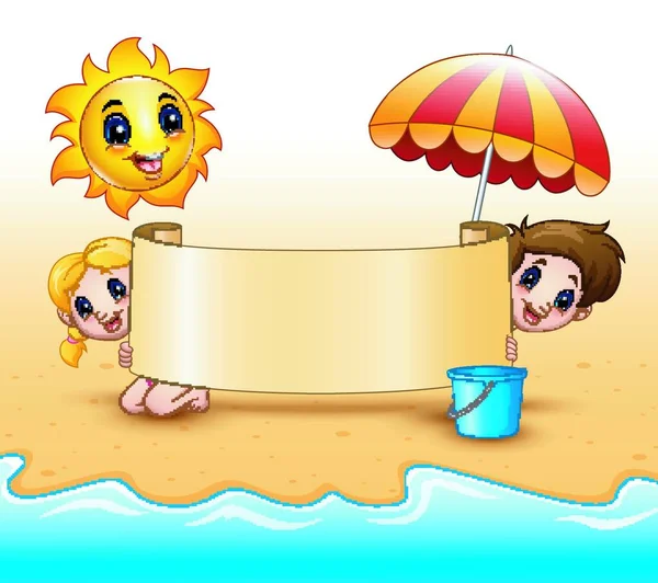 Vector Illustration Summer Kids Holding Paper Scrolls Sun Smiling Umbrellas — Stock Vector