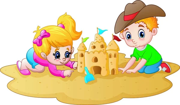 Ilustración Vectorial Niño Niña Haciendo Castillo Arena Playa — Archivo Imágenes Vectoriales