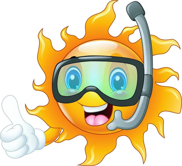 Vector Illustration Happy Cartoon Sun Character Diving Mask Giving Thumbs — Stock Vector