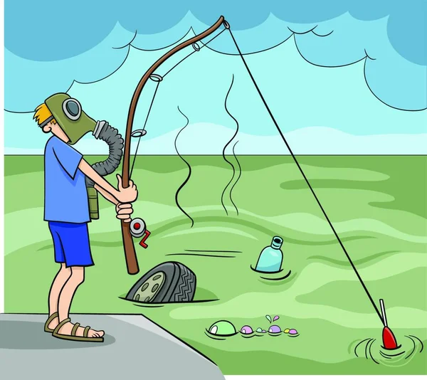 卡通画 说明一个不太聪明的人在下水道里钓鱼 — 图库矢量图片