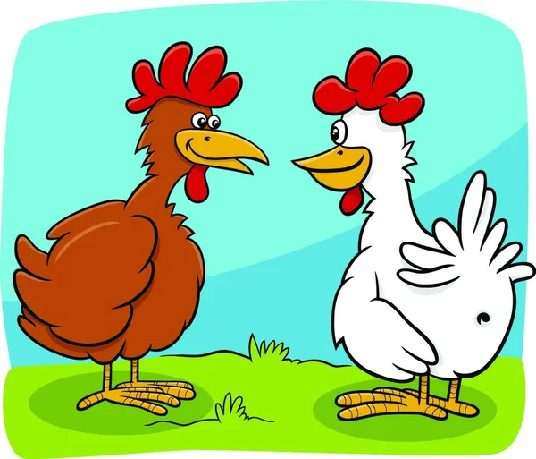 Cartoon Illustratie Van Twee Kippen Boerderij Vogels Karakters Praten — Stockvector