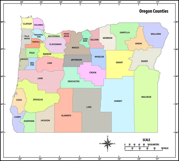 Oregonský Stát Nastínil Administrativní Politickou Mapu Barvě — Stockový vektor