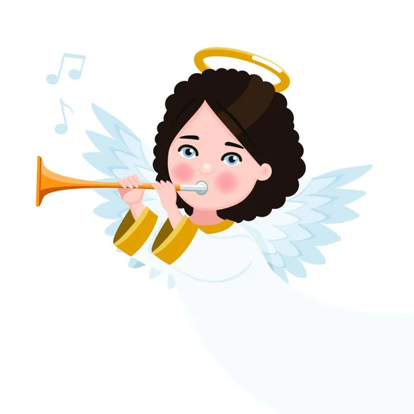 Vordergründiger Engel Der Auf Breitem Hintergrund Die Trompete Spielt Isolierte — Stockvektor