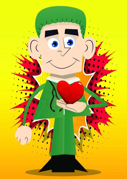 Médico Engraçado Desenhos Animados Segurar Coração Vermelho Mão Ilustração Vetorial —  Vetores de Stock