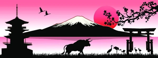 東の暦によると 富士山と牛を新年の象徴とする日本の風景 朝日が昇る パゴダ — ストックベクタ