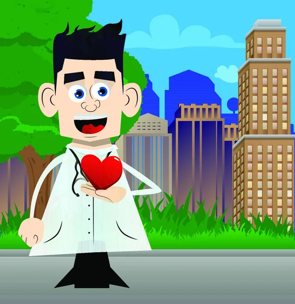 Divertido Médico Dibujos Animados Sosteniendo Corazón Rojo Mano Ilustración Vectorial — Vector de stock