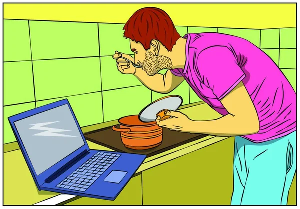 Ilustración Hombre Cómic Degustando Sopa Sartén Mientras Está Pie Cocina — Vector de stock