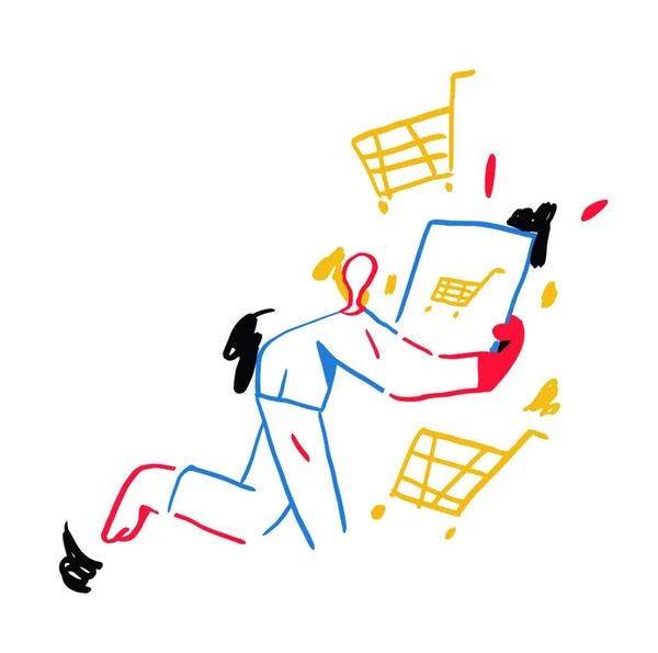 Minimalist Man Online Shopping Virtual Screen Cart Him Vector Illustration — Stock Vector