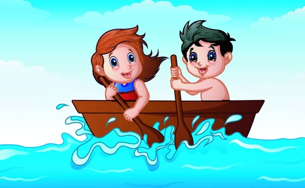 海でボートをこぐ子供のベクトル イラスト — ストックベクタ