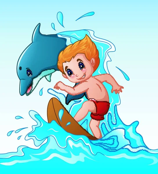 Vektorillustration Tecknad Pojke Spela Surfbräda Med Delfin Djur — Stock vektor
