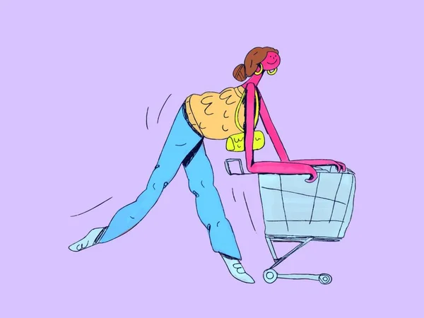 Frauen Straßenbekleidung Einkaufen Cliparts Illustration Grafik Design Hand Gezeichnet Vektor — Stockvektor