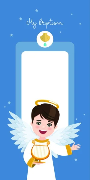 Angel Hárfán Játszik Keresztelés Függőleges Meghívó Kék Csillagok Meghívására Lapos — Stock Vector