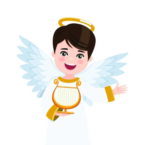 前景の天使は白い背景でハープを演奏する 独立したフラットベクトル図 — ストックベクタ