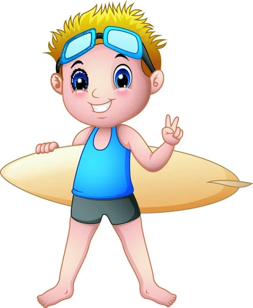 Vectorillustratie Van Cartoon Jongen Met Een Surfplank — Stockvector