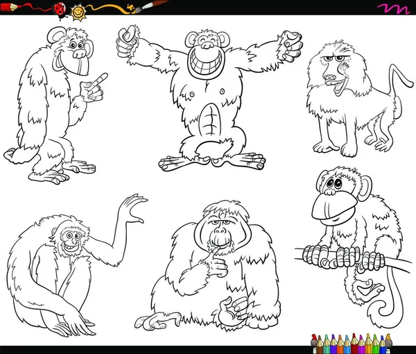 Dibujos Animados Blanco Negro Ilustración Simios Monos Personajes Animales Primates — Archivo Imágenes Vectoriales