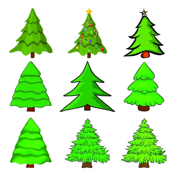 Kerstbomen Ingesteld Cartoon Sparren Boom Illustratie Geïsoleerd Witte Achtergrond Verzameling — Stockvector