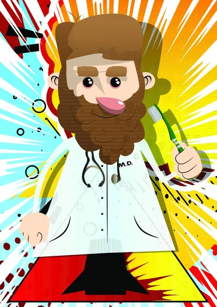 Funny Cartoon Doctor Holding Toothbrush Vector Illustration — Stock Vector