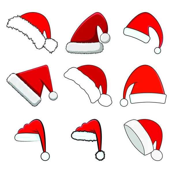 Sombrero Santa Colección Gorra Santa Claus Roja Aislada Sobre Fondo — Vector de stock