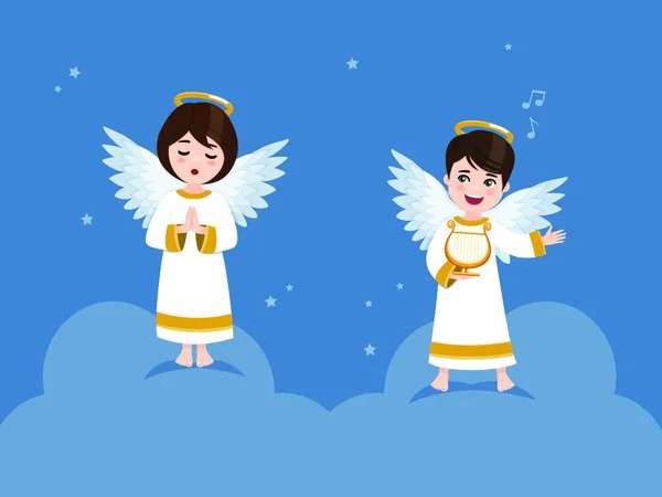 Два Ангели Грають Арфі Моляться Небі Зірками Плоска Векторна Ілюстрація — стоковий вектор