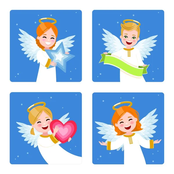 Четыре Милых Счастливых Ангела Сидят Темном Небе Звёздным Фоном Плоская — стоковый вектор