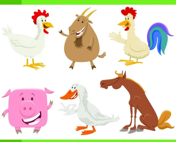 Cartoon Illustration Happy Farm Animals Comic Characters Set — Stock Vector