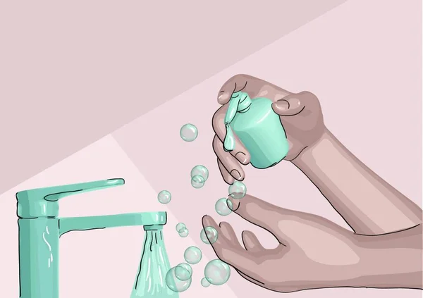Tangan Memegang Botol Air Dengan Sabun - Stok Vektor