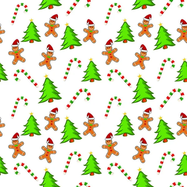 Διακοπές Μοτίβο Μπισκότα Μελόψωμο Ζαχαροκάλαμο Καραμέλα Και Χριστουγεννιάτικο Δέντρο Λευκό — Διανυσματικό Αρχείο