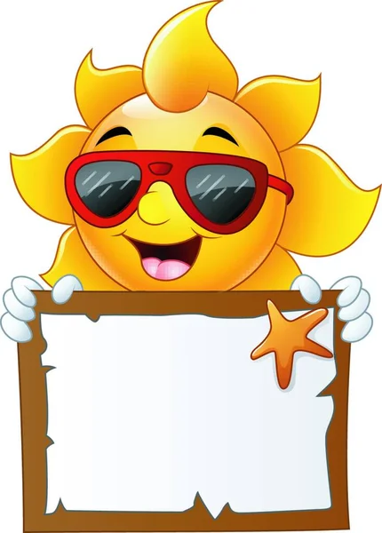 Ilustración Vectorial Dibujos Animados Personajes Sun Con Cartelera Verano — Archivo Imágenes Vectoriales