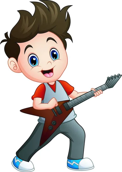 Vector Ilustración Cartoon Boy Tocando Guitarra Eléctrica — Vector de stock
