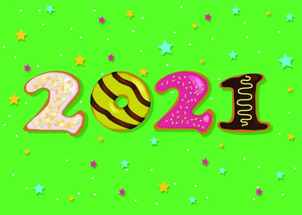 2021年新年快乐 色彩艳丽的数字就像装饰了奶油的甜甜甜圈 绿色的背景 五彩斑斓的星星和雪花 病媒图解 — 图库矢量图片